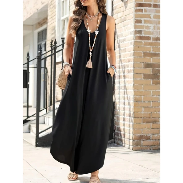 Lucky Life Kadın Askılı Yuvarlak Yaka Cepli Salaş Uzun Viskon Tulum - 2