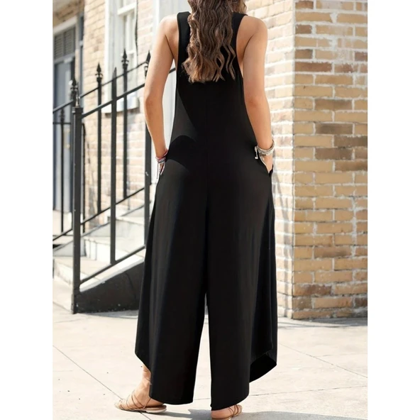 Lucky Life Kadın Askılı Yuvarlak Yaka Cepli Salaş Uzun Viskon Tulum - 3