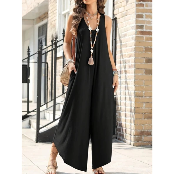 Lucky Life Kadın Askılı Yuvarlak Yaka Cepli Salaş Uzun Viskon Tulum - 5