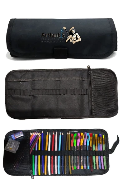 A4 Telli Eskiz Defteri Spiralli Rulo Kalemlik Siyah 24 Bölmeli 12 Renk Kuruboya Dereceli Kalem Hamur Silgi Resim Sanat - 5