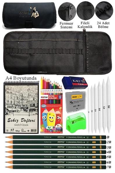 A4 Telli Eskiz Defteri Spiralli Rulo Kalemlik Siyah 24 Bölmeli 12 Renk Kuruboya Dereceli Kalem Hamur Silgi Resim Sanat