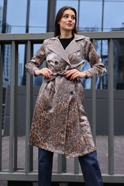 5853 Kruvaze Yaka Trençkot - M. Taba - Resim 3