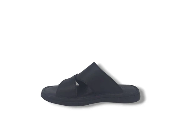 Zerhan 566 Erkek Siyah Hakiki Deri Cırt Cırtlı Comfort Yastık Taban Terlik - Resim 3