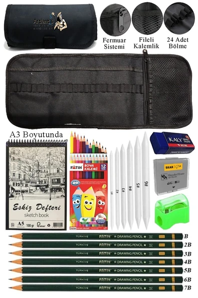 A3 Telli Eskiz Defteri Spiralli Rulo Kalemlik Siyah 24 Bölmeli 12 Renk Kuruboya Dereceli Kalem Hamur Silgi Resim Sanat ürün görseli