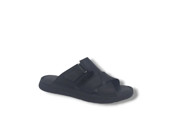 Zerhan 566 Erkek Siyah Hakiki Deri Cırt Cırtlı Comfort Yastık Taban Terlik - Resim 4