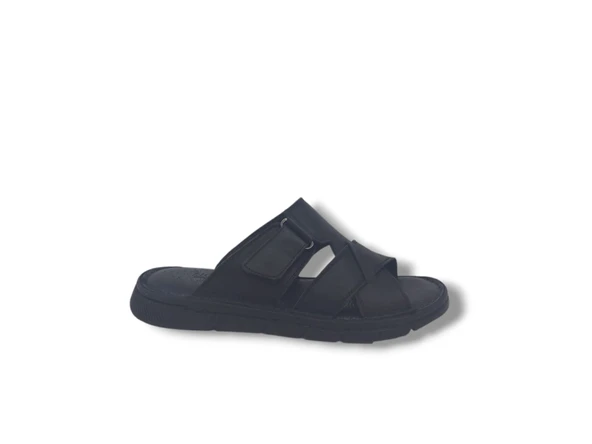 Zerhan 566 Erkek Siyah Hakiki Deri Cırt Cırtlı Comfort Yastık Taban Terlik ürün görseli