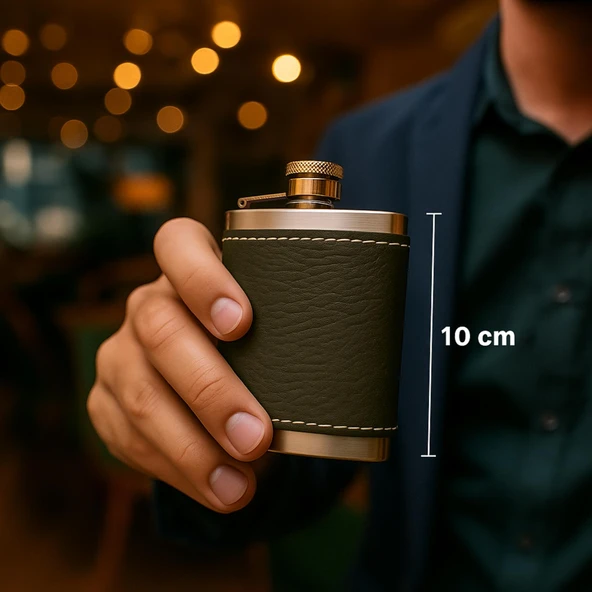 Perlotus 5 Oz 150 cc Haki Yeşil El Yapımı Deri Kılıflı Çelik Viski Cep Matarası - 3