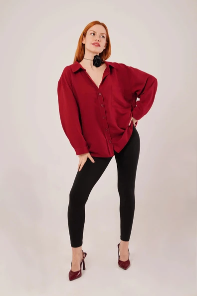 Basic Oversize Bordo Gömlek - 2
