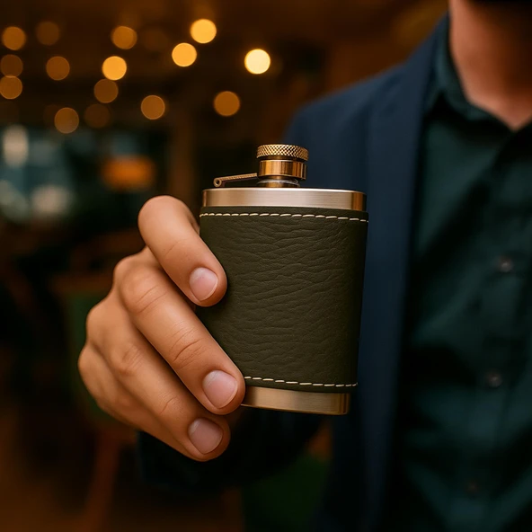 Perlotus 5 Oz 150 cc Haki Yeşil El Yapımı Deri Kılıflı Çelik Viski Cep Matarası