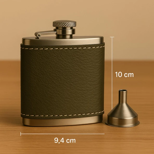 Perlotus 5 Oz 150 cc Haki Yeşil El Yapımı Deri Kılıflı Çelik Viski Cep Matarası - 2