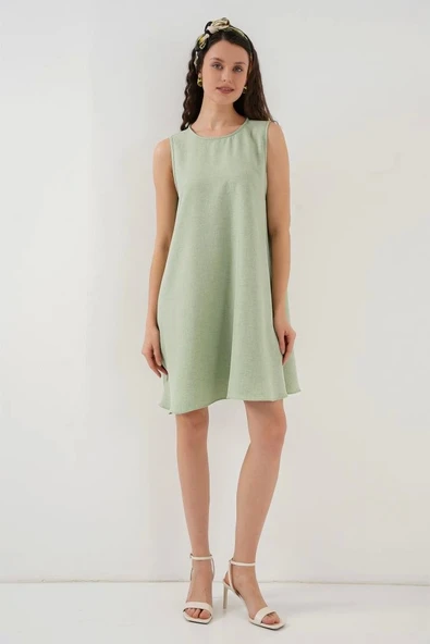 2444 Mini Keten Elbise - E.Yeşil - Resim 2