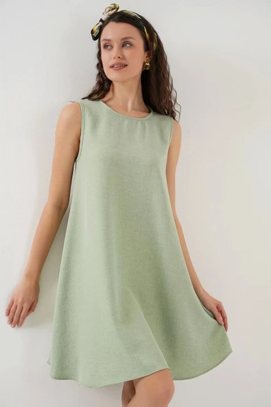 2444 Mini Keten Elbise - E.Yeşil - Resim 3