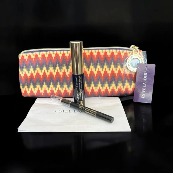 Esteelauder-Şık Makyaj Çantası Genişlik- 18 -Derinlik -8 sntim - 8 -ml -mascara + 8 ml -Göz Kalemi Tam Siyah