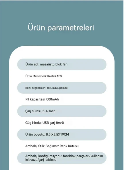 Masaüstü Blok Fan Küçük Masa Vantilatörü, USB Şarj Edilebilir Pil, 3 Hız Güçlü - Resim 6