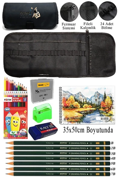 Resim Defteri 35x50 cm 12 Renk Kuru Boya Dereceli Kurşun Kalem Rulo Kalemlik 24 Bölmeli Hamur Silgi Kalemtraş Görsel ürün görseli