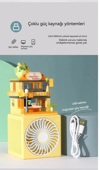 Masaüstü Blok Fan Küçük Masa Vantilatörü, USB Şarj Edilebilir Pil, 3 Hız Güçlü - Resim 3