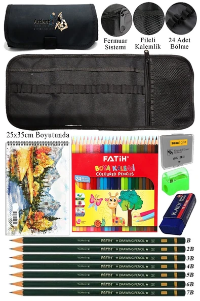 Resim Defteri 25x35 cm 24 Renk Kuru Boya Dereceli Kurşun Kalem Rulo Kalemlik 24 Bölmeli Hamur Silgi Kalemtraş Görsel