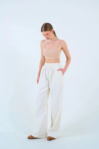 Beli Lastikli Palazo Pantolon - Taş - 2