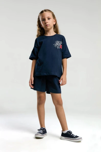 U.S. Polo Assn. 2072 Garson Çiçek Desenli Kız Çocuk Lacivert Bisiklet Yaka Kısa Kollu Şort  Pijama Takım - Resim 8