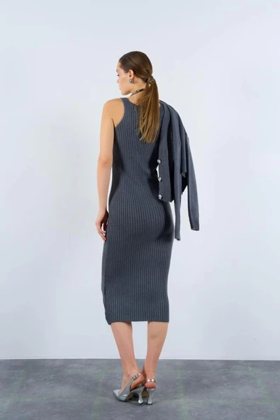 Fitilli Elbise Hırkalı Takım - Füme - 2