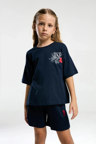 U.S. Polo Assn. 2072 Garson Çiçek Desenli Kız Çocuk Lacivert Bisiklet Yaka Kısa Kollu Şort  Pijama Takım - Resim 6