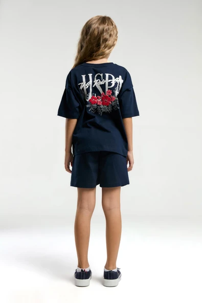 U.S. Polo Assn. 2072 Garson Çiçek Desenli Kız Çocuk Lacivert Bisiklet Yaka Kısa Kollu Şort  Pijama Takım - Resim 5