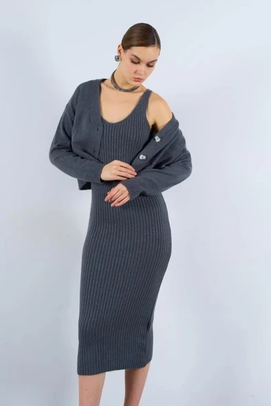 Fitilli Elbise Hırkalı Takım - Füme - 3