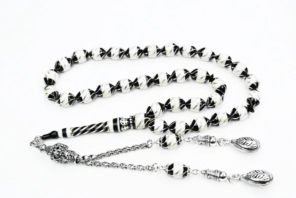 Oltu Taşı Beyzi Model  İşlemeli Altılı Çeşmi Bülbül  Beyaz Galalith Tespih - Resim 4