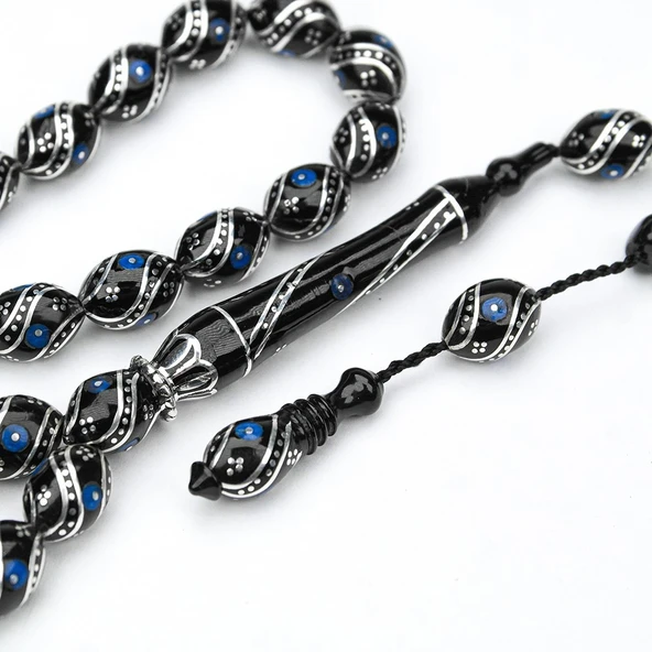 Oltu Taşı Çift Çeşm-i Bülbül Mavi İşlemeli Tespih - 9