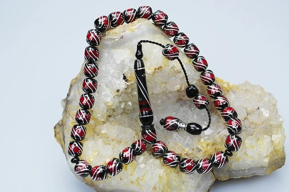 Oltu Taşı ve Galalith Çift Çeşmi İşlemeli Tespih - Resim 2