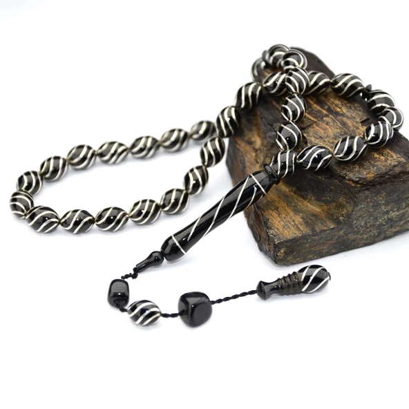 Oltu Taşı Çeşm-i Bülbül İşlemeli Tespih - Resim 6