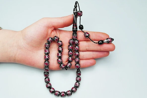 Oltu Taşı ve Galalith Çift Çeşmi İşlemeli Tespih - Resim 3