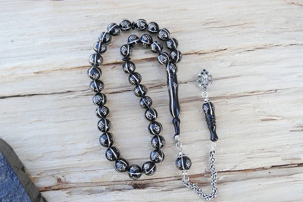 Oltu Taşı Küre Karpuz Baklava Bilek Boy İşlemeli Tespih - Resim 2