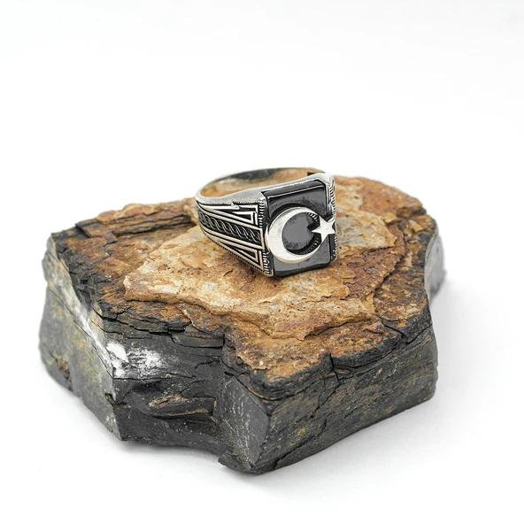 Ayyıldız Kenarları Örgü Desenli Erkek Yüzük - 3