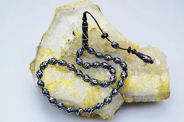 Oltu Taşı Beyzi  Çeşmi Bülbül Mavi İşlemeli Tespih - 2