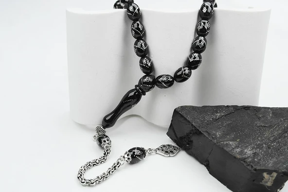 Oltu Taşı Beyzi Model Tek Zikzak Baklava İşlemeli Tespih - Resim 8