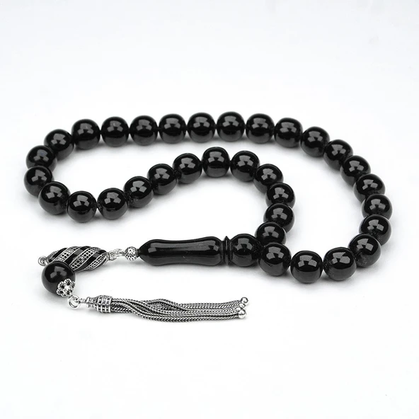 Oltu Taşı İşlemesiz Gümüş Püsküllü Küre Tespih ürün görseli 1