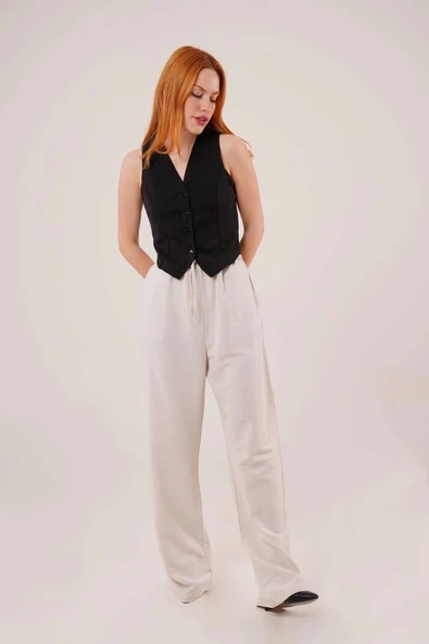 Cepli Bağlama Detaylı Keten Ekru Pantolon - 4
