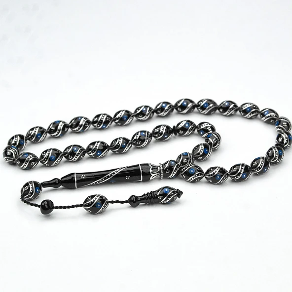 Oltu Taşı Çift Çeşm-i Bülbül  Mavi İşlemeli Tespih - 6