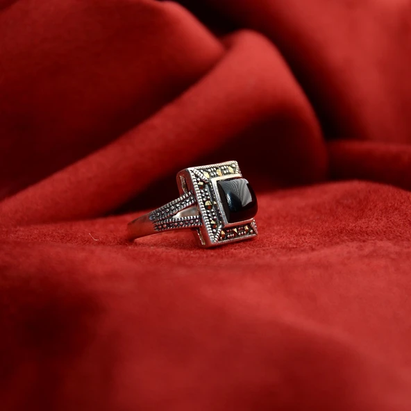 Oltu Taşı Kaşlı Kare Model Kadın Yüzük - Resim 4