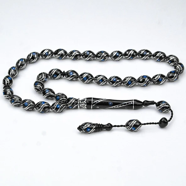 Oltu Taşı Çift Çeşm-i Bülbül  Mavi İşlemeli Tespih - 7