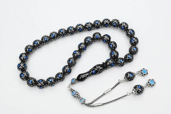 Oltu Taşı Küre Fiyonk Mavi İşlemeli Tespih - 5