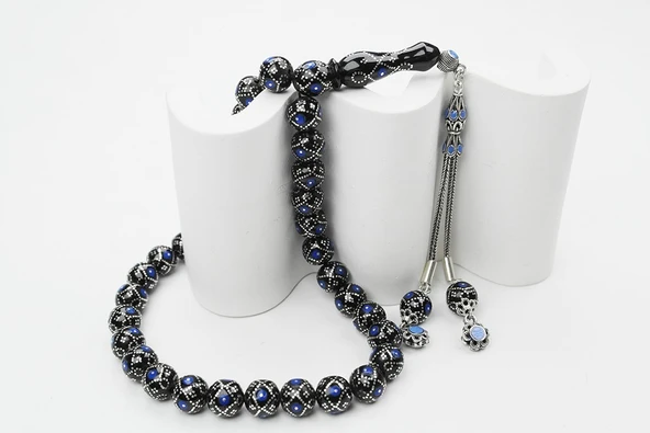 Oltu Taşı Küre Fiyonk Mavi İşlemeli Tespih - 4