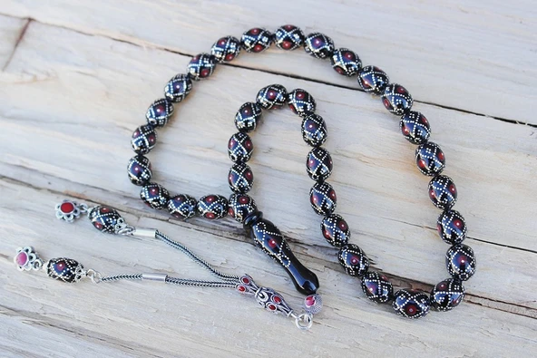 Oltu Taşı  Beyzi Fiyonk Kırmızı İşlemeli Tespih - Resim 5