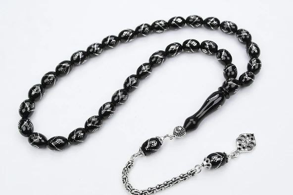 Oltu Taşı Beyzi Model Tek Zikzak Baklava İşlemeli Tespih - Resim 5