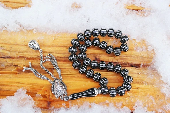 Oltu Taşı Basık Model On İkili Karpuz Dilimi İşlemeli Tespih - 6