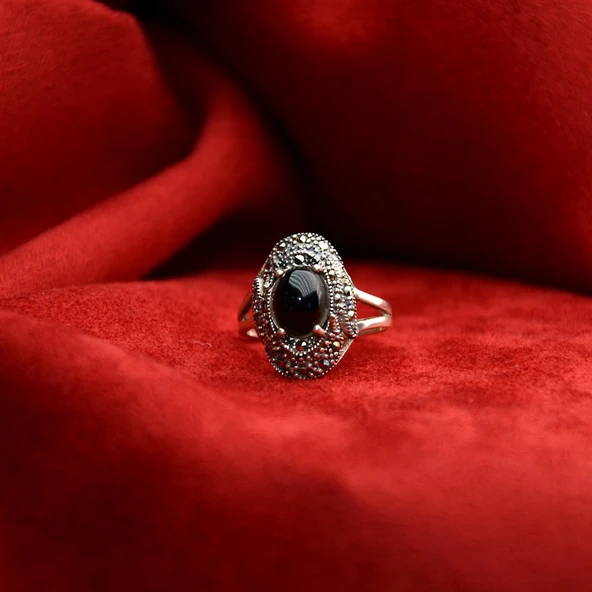 Gümüş Oval Model Oltu Taşı Kaşlı  Kadın Yüzük - 3