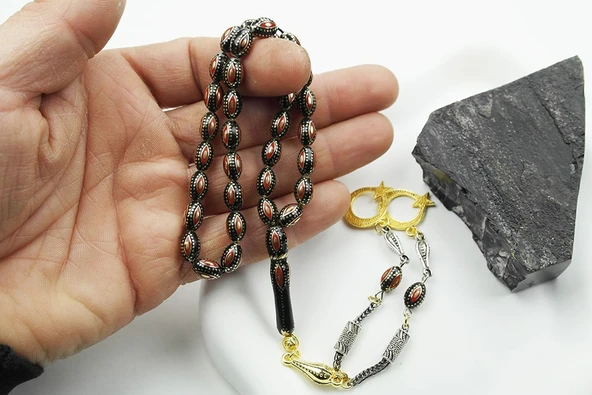 Arpa Model Kırmızı Mine İşlemeli Pirinç Kafes Tespih - 3