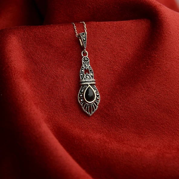 Kemerli Gümüş Zincirli Oltu Taşlı Kolye - 4