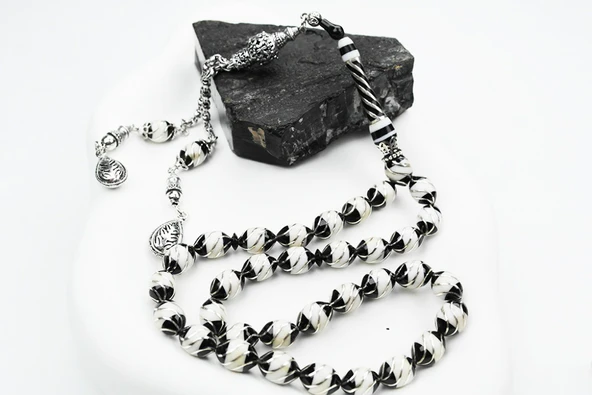 Oltu Taşı Beyzi Model  İşlemeli Altılı Çeşmi Bülbül  Beyaz Galalith Tespih - Resim 2